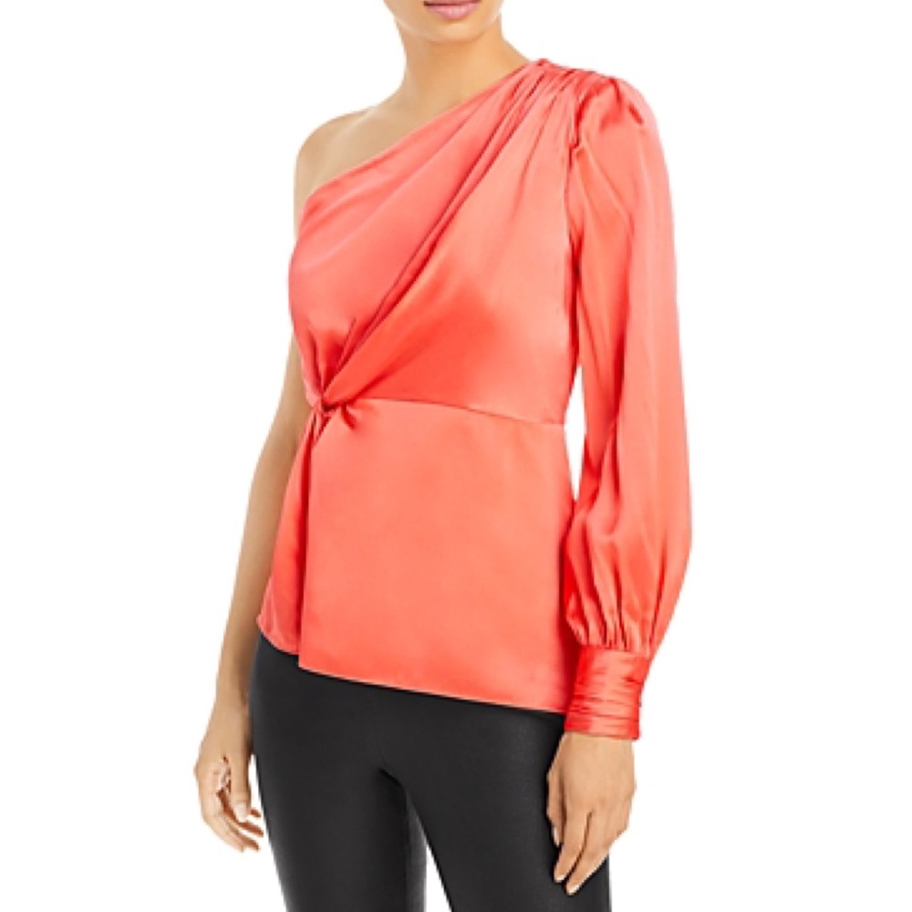 Cinq à Sept Stace One Shoulder Silk Top in Neon Coral Size XS